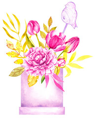 Watercolor bouquet in a hatbox with a bird 007