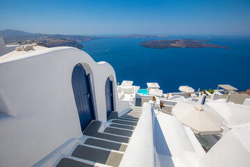 Fototapeta na wymiar Beautiful travel background for vacation holiday banner. White houses in the town of Oia on the island of Santorini, panorama. Amazing scenic views, luxury summer freedom traveling panoramic landscape