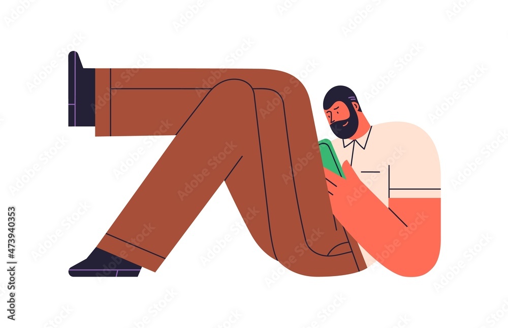 Poster man relaxing with mobile phone in hands, lying legs crossed and surfing internet. person hold smartp