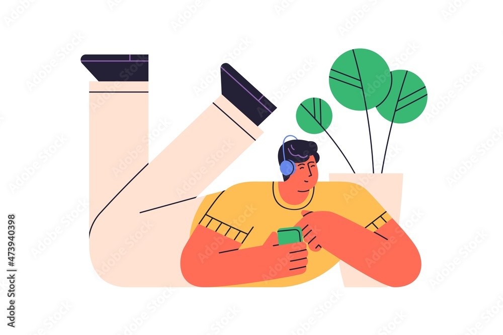 Poster happy man in headphones listening to music with mobile phone app. relaxed guy lying with smartphone 