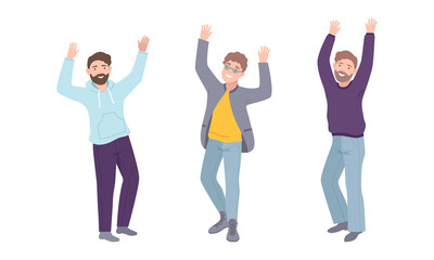 Young cheerful men standing with their hands raised set vector illustration