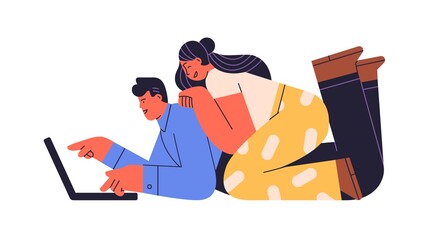 Love couple relaxing with laptop, lying together and laughing. Happy man and woman online, watching smth funny on computer, surfing internet. Flat vector illustration isolated on white background