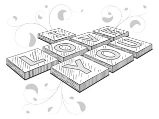 I love you. Dominoes, dice, cube on the table. Vector illustration. Isolated on white. Hand drawn picture.