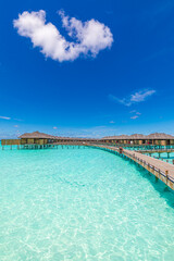 Overwater bungalow in the Indian Ocean. Over water villas with steps into amazing green lagoon, vertical panoramic scenic view. Picturesque summer in Maldives. Luxury resort villas seascape