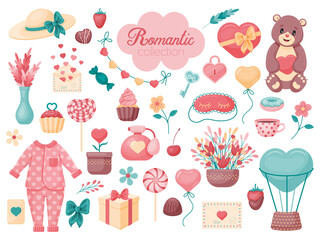 Cute romantic collection. Pajamas, cake, lollipop, key, heart, letters. Lots of objects, cartoon style. Vector illustration. Isolated on white.