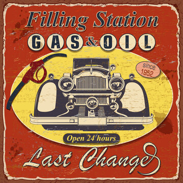 Vintage Filling Station Poster With Retro Car.