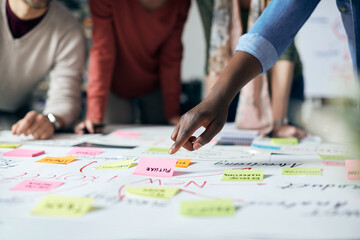 Close-up of black entrepreneur and his business team brainstorming while analyzing mind map on...