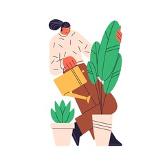 Woman watering potted house plants. Happy person care about modern houseplants. Amateur of home and office foliage decoration. Flat vector illustration isolated on white background © Good Studio