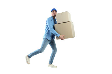 Delivery man walking with a boxes, isolated on white background