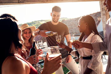 Group of diverse friends standing and toasting with wine.