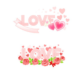 Fototapeta na wymiar Love, dating, wedding, romantic event symbols set. Love words decorated with flowers and hearts, Happy Valentine day signs vector illustration