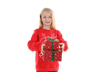 Little girl with Christmas boxes isolated on white background