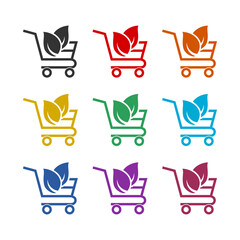 Shopping cart with leaves icon isolated on white background, color set