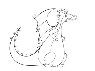 Cute dragon. Fairytale dinosaur. Dino character in cartoon style on white background. Linear icon. Isolated vector illustration. Drawing freehand. Coloring page book