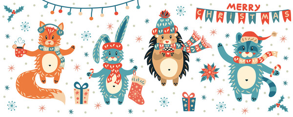 Cute forest animals are getting ready for Christmas. New Year decoration.