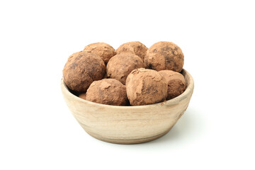 Sweet truffles in bowl isolated on white background