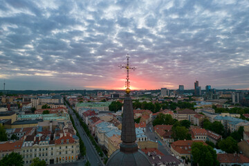 Aerial summer spring evening sunset view in sunny Vilnius old town