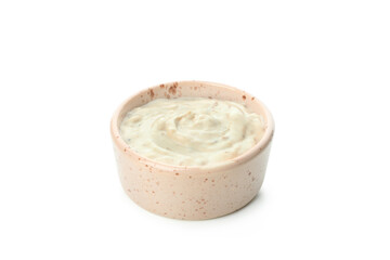 Bowl with mushroom sauce isolated on white background