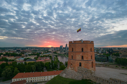 Aerial summer spring evening sunset view in sunny Vilnius old town