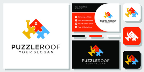 Puzzle Roof Jigsaw Home House Building Solution Toy Modern Logo Design with Business Card Template