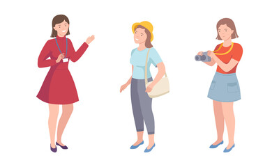 Obraz premium Travelling people with camera walking at excursion with tour guide vector illustration