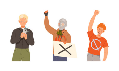 Obraz premium People demonstrating or protesting set. Men and women taking part in political meeting. Man gas mask with banner vector illustration