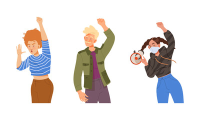 People demonstrating, protesting or taking part in political meeting set vector illustration