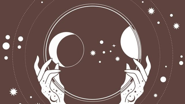 Abstract tattoo art style video, 2d animation of woman handa holding a circle. The phases of the moon changing inside a magic circle. Mystical, stars and the moon isolated on nude skin tone background