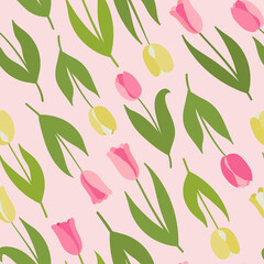 Spring pink, yellow tulips seamless pattern on pink background. For wedding invitations, design, card, greeting, background.