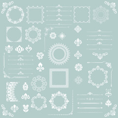 Vintage set of horizontal, square and round white elements. Different elements for backgrounds, frames and monograms. Classic patterns. Set of vintage patterns