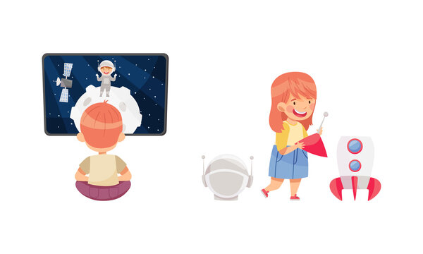Kids Learning About Space Set. Boy Watching Movie About Space, Girl Building Space Rocket Vector Illustration