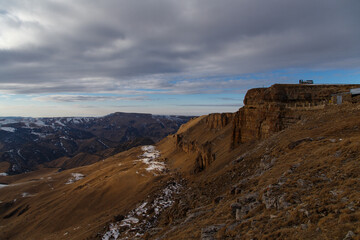 Layered rocks in the sunset rays. Plateau Bergamet