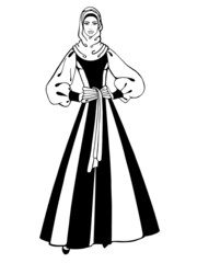 Hijab. Beautiful muslim woman in hijab with a pattern. Islamic lady in traditional clothes. Arab fashion. Young saudi girl. Vector illustration. Isolated on white background. Coloring page book