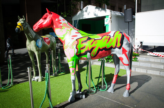 SYDNEY, AUSTRALIA. – On November 7, 2017. - Artwork Colorful Painted Horses Sculpture At Martin Place For Decoration In The Events Of Melbourne Cup, Spring Horse Racing.