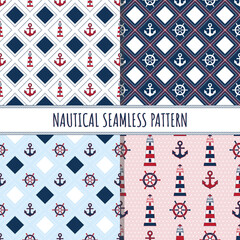 Seamless pattern. Background of marine symbols: lighthouse, steering wheel, helm, anchor. Vector illustration of nautical elements. Geometric ornament. Template for design wrapping paper, baby clothes