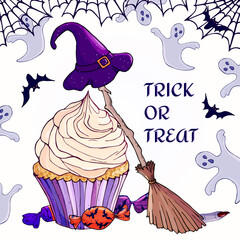 Trick or treat. Happy halloween. Witch hat, cupcake, sweets, candies. Vector illustration isolated on white background. Outline freehand drawn for holiday. Template for bar menu, label, flyer, mockup.