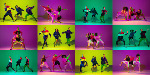 Creative collage made of images of young men and women dancing hip-hop in bright clothes on gradient background in neon light