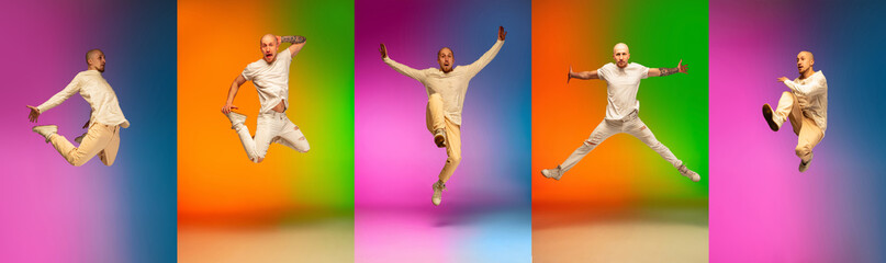 Fototapeta na wymiar Dynamic movements. Collage with break dance or hip hop dancer jumping isolated over multicolored background in neon.