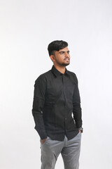 Young indian college student showing expression on white background.