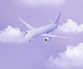Fototapeta na wymiar Pastel purple plane flying in the sky with clouds. Plane take off and pastel background. Minimal idea concept. Airline concept travel plane passengers. Jet commercial aircraft. 3d render 