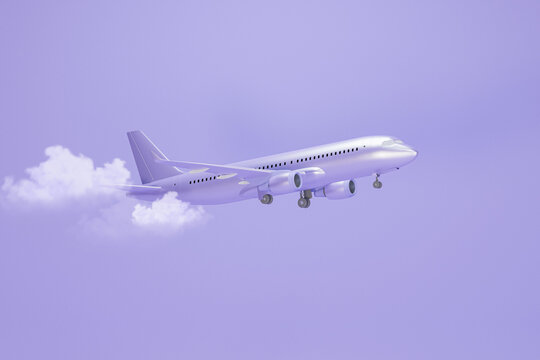 Pastel purple plane flying in the sky with clouds. Plane take off and pastel background. Minimal idea concept. Airline concept travel plane passengers. Jet commercial aircraft. 3d render
