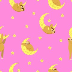 Seamless pattern. Baby sloth hanging on a yellow crescent. Moon and stars. Pink background. Cute and funny. Cartoon style. Good night. Kids bedroom. Post card, wallpaper, textile, wrapping paper