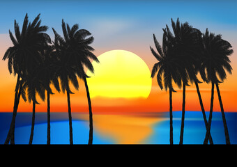 landscape view drawing palm tree and sunset at the ocean vector illustration