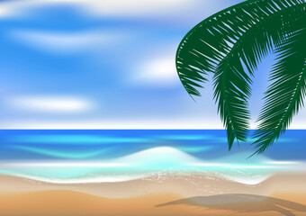 Fototapeta na wymiar graphics drawing landscape view ocean and blue sky with coconut leaf vector illustration