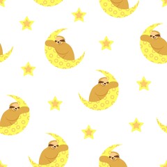 Seamless pattern. Baby sloth hanging on a yellow crescent. Moon and stars. White background. Cute and funny. Cartoon style. Good night. Kids bedroom. Post card, wallpaper, textile, wrapping paper