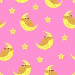 Fototapeta premium Seamless pattern. Baby sloth hanging on a yellow crescent. Moon and stars. Pink background. Cute and funny. Cartoon style. Good night. Kids bedroom. Post card, wallpaper, textile, wrapping paper
