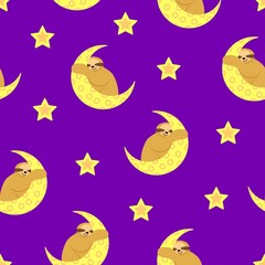 Seamless pattern. Baby sloth hanging on a yellow crescent. Moon and stars. Violet background. Cute and funny. Cartoon style. Good night. Kids bedroom. Post card, wallpaper, textile, wrapping paper
