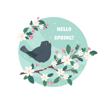 Spring illustration of a starling on a branch