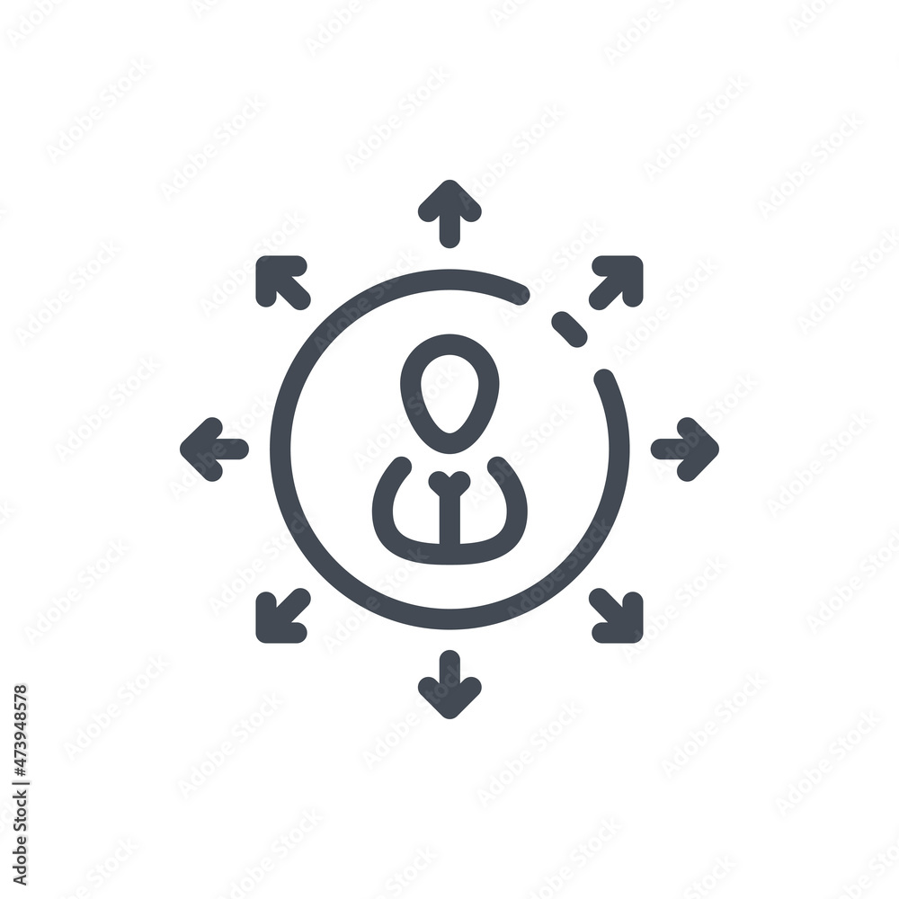 Poster multifunctionality and versatility line icon. person in circle with arrows pointing outward vector o