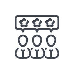 Customer satisfaction and Client feedback line icon. Three persons with chat box and stars vector outline sign.